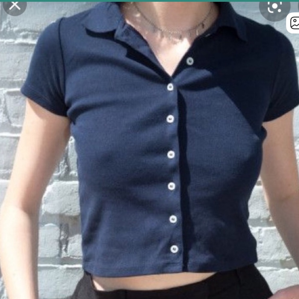 Brandy Melville Caroline Crop navy blue Ribbed Polo Top S